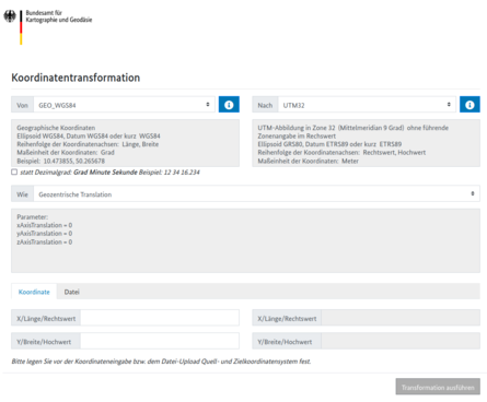 Koordinatentransformaton auf der Webseite vom GDZ des BKG